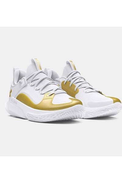 Under Armour حذاء كرة سلة رجالي أبيض خفيف الوزن قابل للتمدد برباط مع تفاصيل الشعار3026630-103