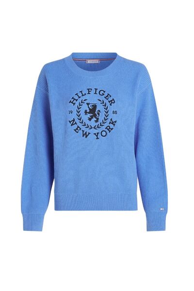 Tommy Hilfiger Kadın Baskılı Desenli Uzun Kollu Yuvarlak Yakalı Mavi Kazak WW0WW41146-C30