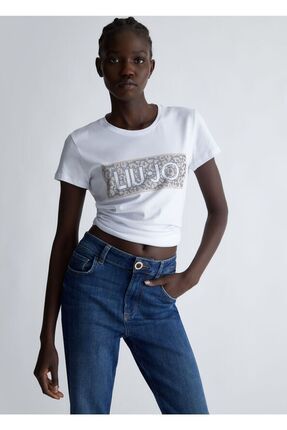 Liu Jo Kad n Marka Logo Detayl K sa Kollu Yuvarlak Yakal Ekru T Shirt WF3085J6308 Q9660