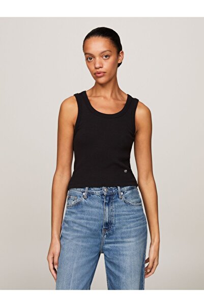 Tommy Hilfiger Kadın Logolu Yuvarlak Yaka  Crop Siyah Bluz WW0WW41201-BDS