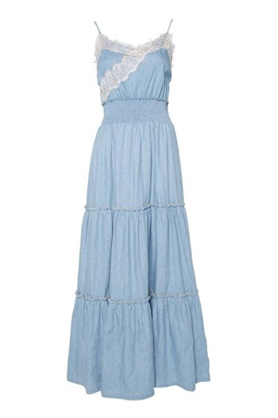 Liu Jo Rochie lungă albastră pentru femei, cu bretele, cu model de piept cu volane Ua2122d4695-78305