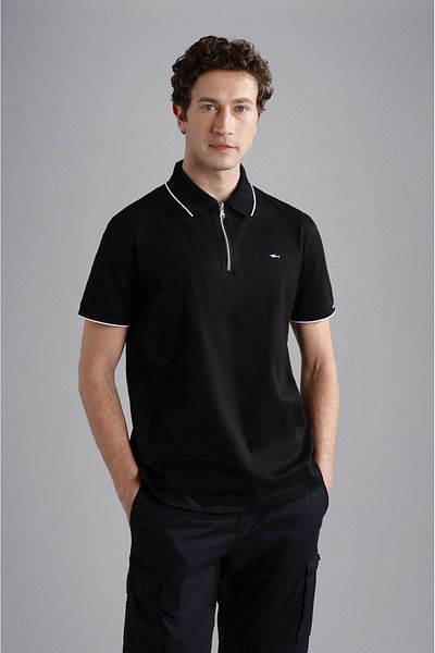 PAUL&SHARK Tricou negru cu guler polo pentru bărbați, cu închidere cu nasturi, cu mânecă scurtă24411319-011