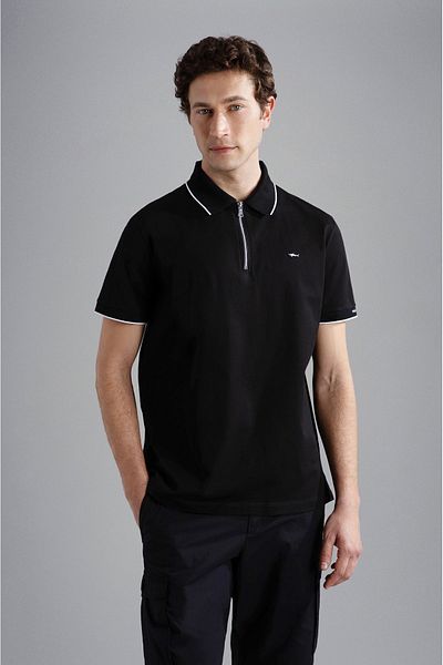 PAUL&SHARK Tricou negru cu guler polo pentru bărbați, cu închidere cu nasturi, cu mânecă scurtă24411319-011