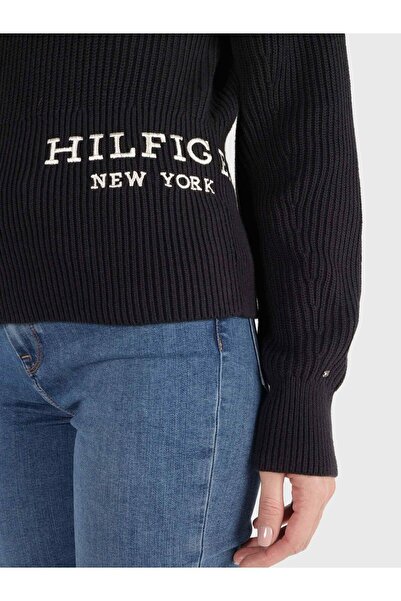 Tommy Hilfiger Kadın Logolu Yuvarlak Yakalı Uzun Kollu Günlük Kullanım Siyah Kazak WW0WW40989-BDS