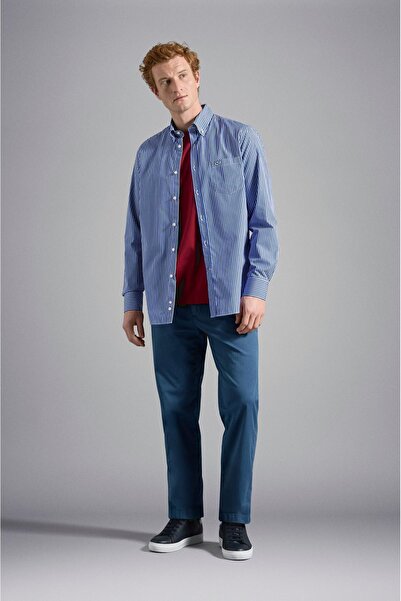 PAUL&SHARK Erkek Marka Logolu Düğmeli Gömlek Yaka Uzun Kollu Mavi Gömlek C0P3005-017