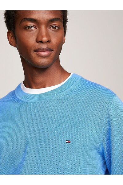Tommy Hilfiger Erkek Logolu Yuvarlak Yakalı Uzun Kollu Günlük Kullanım Mavi Kazak MW0MW33511-C30