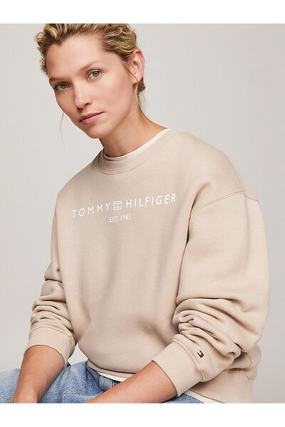 Tommy Hilfiger Kadın Marka Logolu Uzun Kollu Rahat Bej Sweatshirt WW0WW39791-AEG