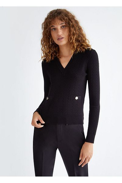 Liu Jo Pulover de damă cu mânecă lungă, cu imprimeu, din țesătură moale, pulover negru MF3296MS99E-22222