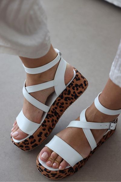 selinshoes Sandale de damă Tatiana cu talpă leopard cu curele la gleznă - ALB