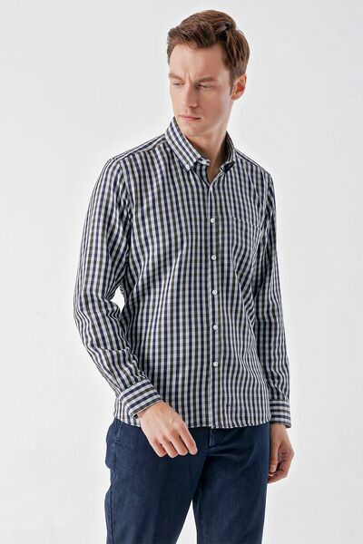 Morven Men's Green Trend Plaid Pocket Button Collar Regular Fit Shirt