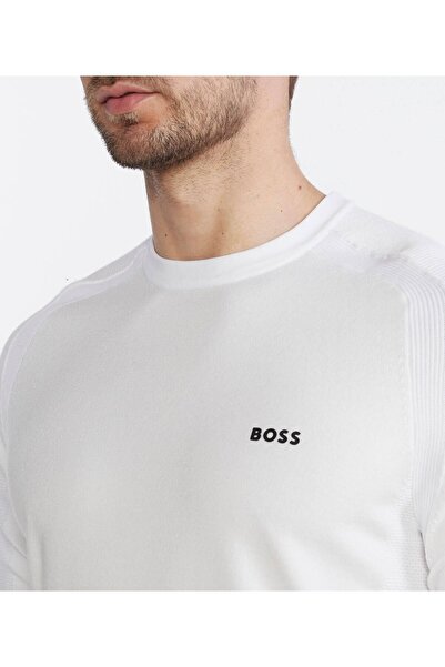 BOSS Erkek Pamuklu Marka Logolu Yuvarlak Yaka Beyaz Kazak 50498515-100