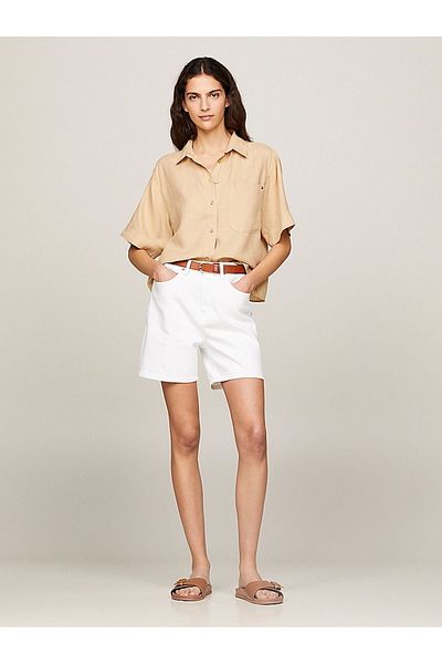 Tommy Hilfiger قميص بيج بأكمام طويلة وشعار العلامة التجارية للنساء WW0WW41392-ACR