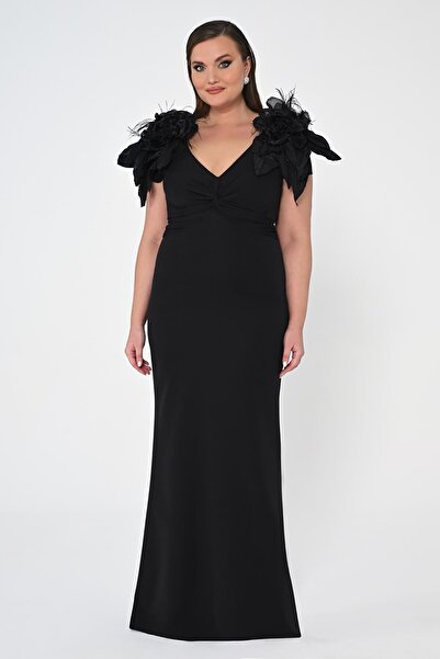 ALFABETA Kadın Saten Degaje Sade Normal Kalıp Siyah Abiye & Mezuniyet Elbisesi AB6664-SİYAH