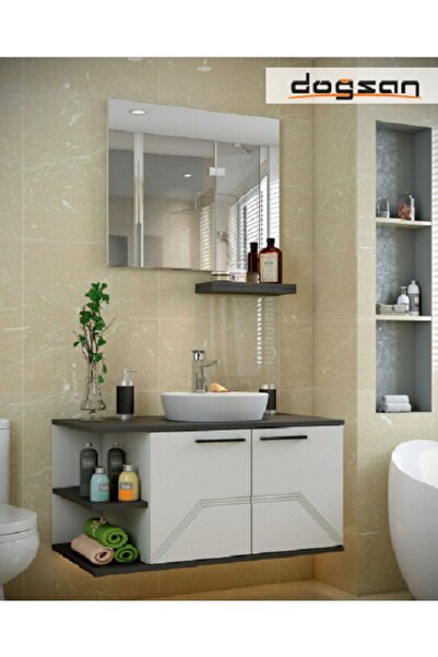 DOĞSAN MOBİLYA Koral 90cm Banyo Dolabı Beyaz Antrasit Meşe