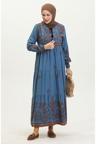 sefamerve Indigo-Viskose-Kleid in Übergröße – 4084-07, Blumenmuster