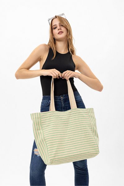 tawlu Green Striped Canvas Bag - Shoulder and Shoulder Bag, Tote and Cloth Bag