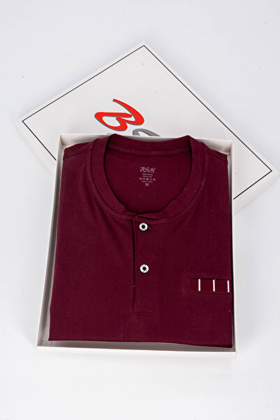 BSM Erkek Yüksek Kalite Pamuklu Kısa Kol Çizgili Bordo Pijama Takımı