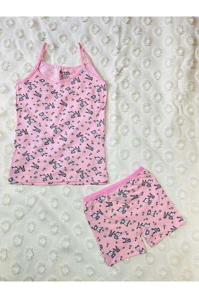 ERŞAH Kız Çocuk Pembe Likralı Desenli İp Askılı Atlet Boxer İkili Takım