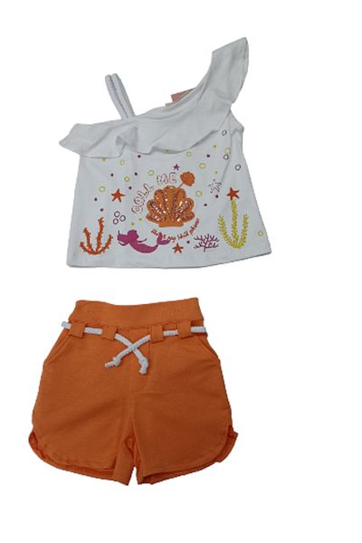 DAMLA BEBE 3-6 Years Girl's Mermaid Printed T-Shirt and Shorts Set - Orange