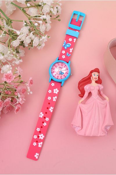 Q&Q Pink Flower Patterned Girl's Wristwatch - V23A-120VY