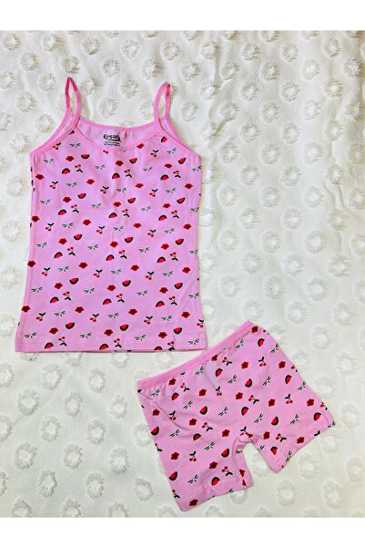 ERŞAH Kız Çocuk Pembe Likralı Desenli İp Askılı Atlet Boxer İkili Takım