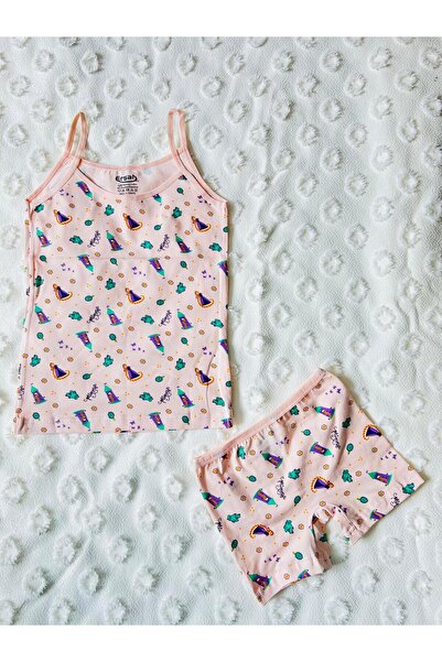 ERŞAH Kız Çocuk Yavruağzı Likralı Desenli İp Askılı Atlet Boxer İkili Takım