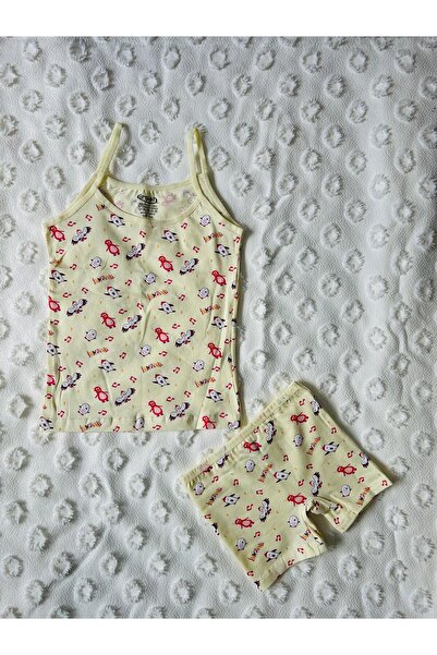 ERŞAH Kız Çocuk Sarı Likralı Desenli İp Askılı Atlet Boxer İkili Takım