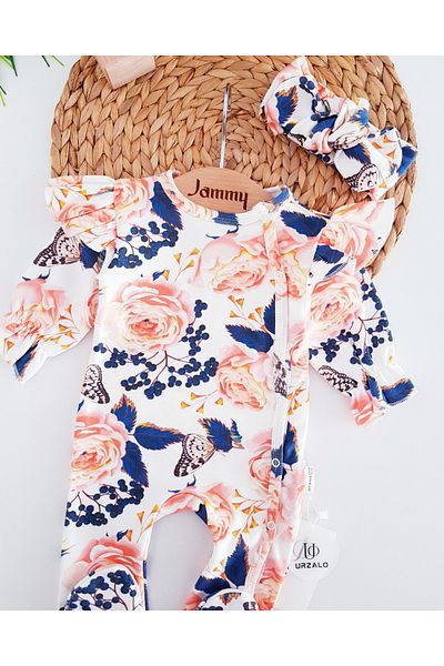 Jammybaby Spring Digital Print Shoulder Ruffled 100% Cotton Romper Bandana Newborn Set for Baby Girl
