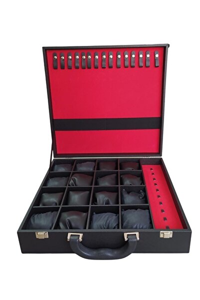 ÖZER KUTU حقيبة الساعة والخاتم والمسبحة والسلسلة مكونة من 16 قطعة من الجلد الأسود المطلي على علبة خشبية