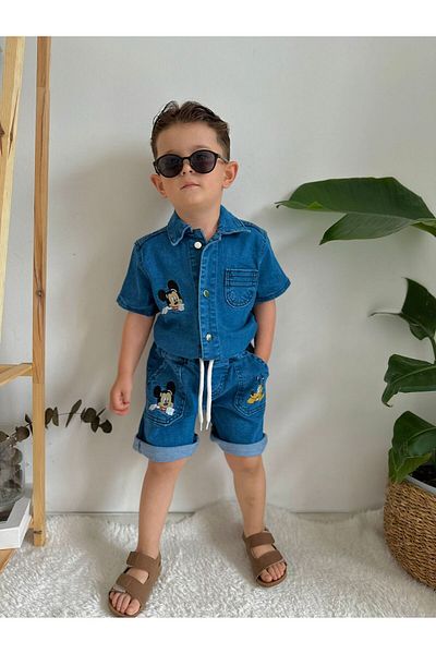 BERFONZO KIDS Boy's Denim Embroidery Detail Summer Double Suit (Shorts Shirt)