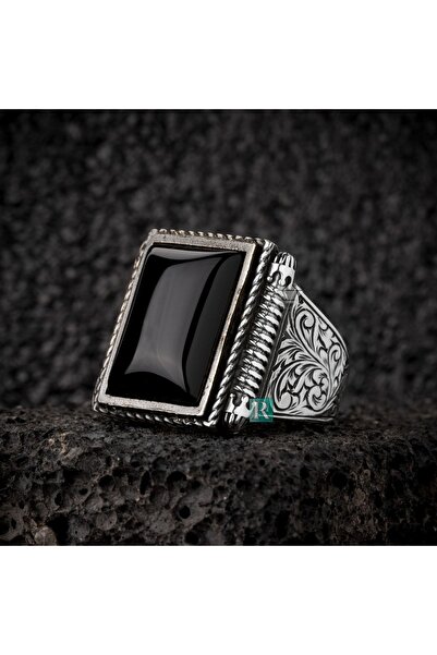 RevSilver Siyah Oniks Taşı 925 Ayar Gümüş Erkek Yüzük Kalem Oyma Yüksek Kaliteli