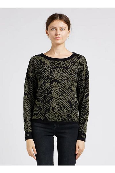 Liu Jo Pulover cu mânecă lungă cu gât rotund pentru femei cu logo negru-gri TF3059MS75L-C3314