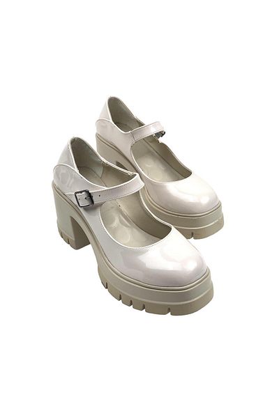 bescobel Beige Lonsa Patent Leather - High Heel and Round Closed Women's Casual Shoes 10 CM