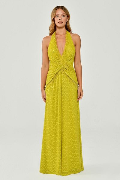 ALFABETA Women's Halter Back Low-cut Fringe Accessory Green Evening Dress & Graduation Dress Ab6312-green