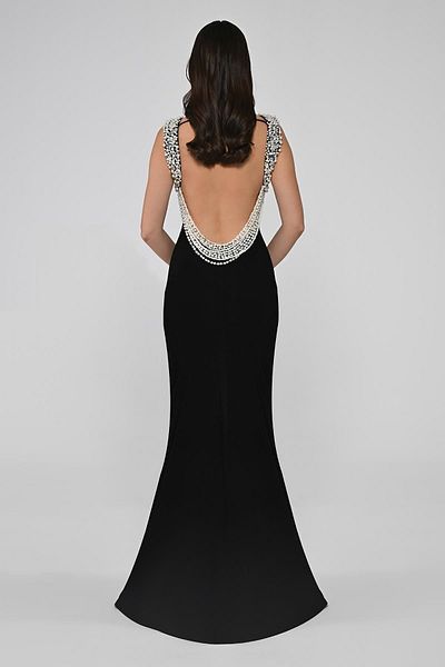 ALFABETA Women's Black Long Evening Dress with Round Neck and Stone Detail - Homecoming Dress AB6756-BLACK