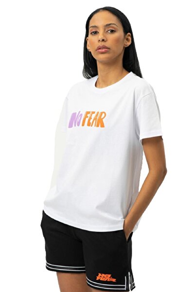 No Fear Tricou alb pentru femei cu imprimeu cu guler de bicicletă W50066