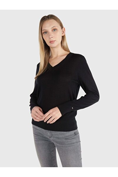 Tommy Hilfiger Kadın V yaka Uzun Kollu Siyah Kazak WW0WW40665-BDS