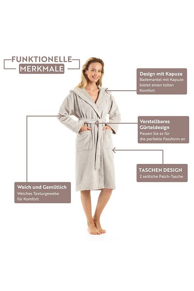 English Home Flauschiger Bademantel Unisex – Damen-Saunamantel aus Baumwollfrottee mit Kapuze für Herren