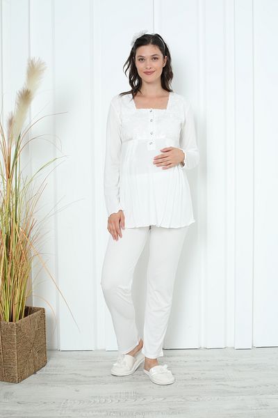 ERDENİZ TEKSTİL Lace Detailed Long Sleeve Maternity Pajama Set - Button Collar