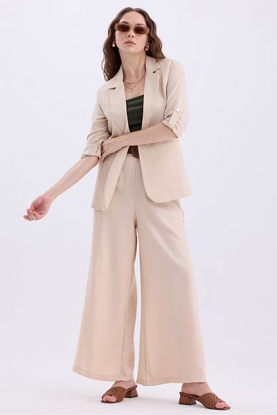 MD trend Linen Set - Foldable Sleeve Blazer Jacket and Wide Leg Trousers
