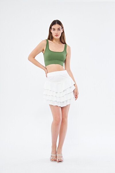 Penyelux Kadın Mykonos Etek 4 Katlı Şık Pileli Fırfırlı Yüksek Bel Hafif Mini...