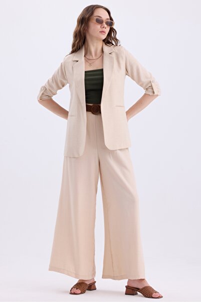 MD trend Linen Set - Foldable Sleeve Blazer Jacket and Wide Leg Trousers