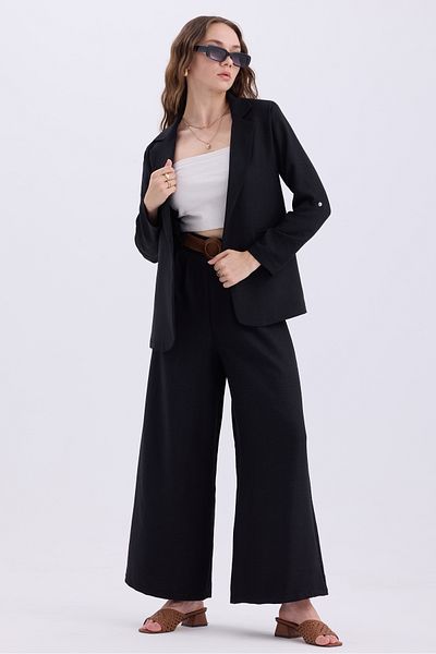 MD trend Linen Set - Foldable Sleeve Blazer Jacket and Wide Leg Trousers