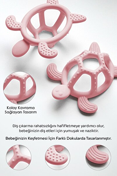 Meleni Baby Kaplumbağa Figürlü Bebek Dişlik - Diş Kaşıyıcı Bebek Dişliği - Pembe