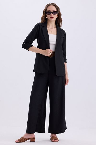 MD trend Linen Set - Foldable Sleeve Blazer Jacket and Wide Leg Trousers