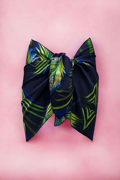 pistore Satin Women's Beach Dress - Navy Blue, Tropical Palm Pattern, Short Pareo, New Season