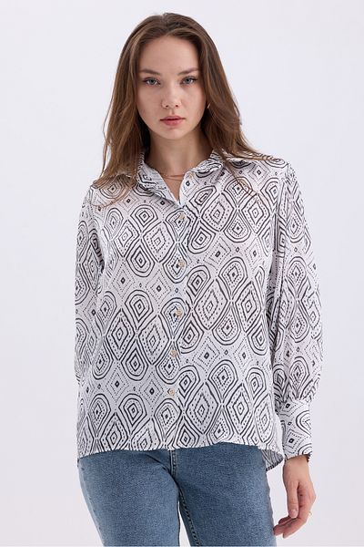 MD trend Cămașă oversize din satin cu model etnic - Detaliu cu mâneci cu balon și umeri