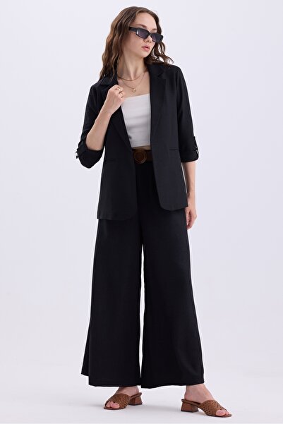 MD trend Linen Set - Foldable Sleeve Blazer Jacket and Wide Leg Trousers