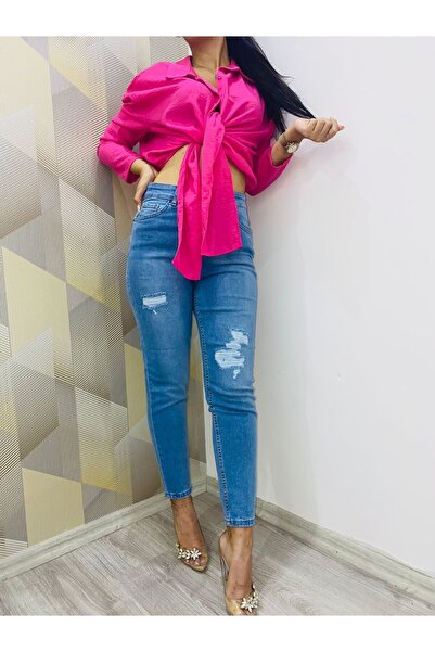 SUSEEMODA Bağlamalı Bel Lastikli Keten Gömlek