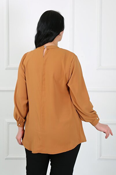 By Alba Collection WOMEN'S MUSTARD COLLAR Rhinestoned DUBAI FABRIC LARGE SIZE SHIRT